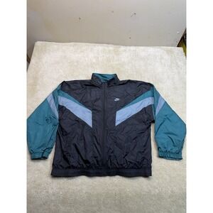 Vintage 90s Nike Windbreaker Mens XL Black Green Teal Big Swoosh Logo Full Zip